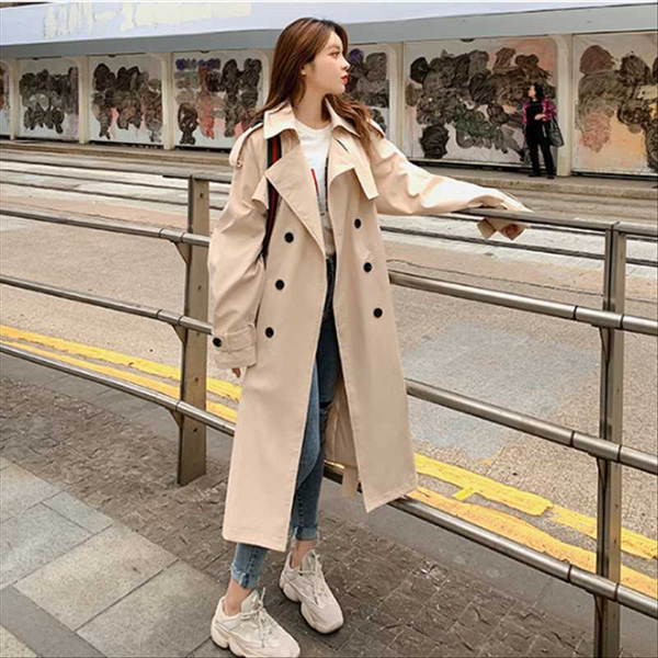 

women's trench coats fashion long coat women 2021 spring autumn loose double breasted windbreaker overcoat korean casual g124, Tan;black