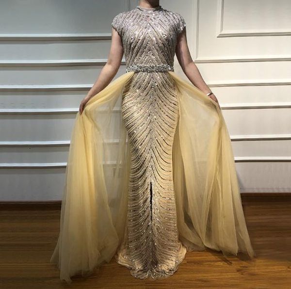 

nude high-neck short sleeve beading evening gowns with tulle overskirt 2020 real p evening dresses