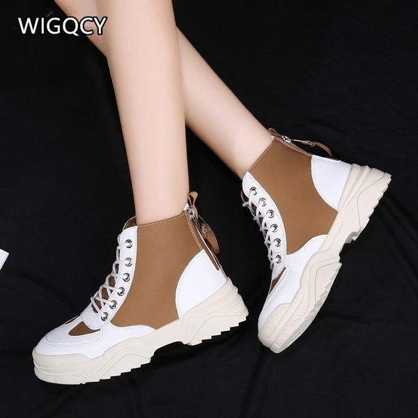 

2020 autumn new women's boots thick-soled old shoes double zipper boots lace-up color matching women high-shoes d1704, Black