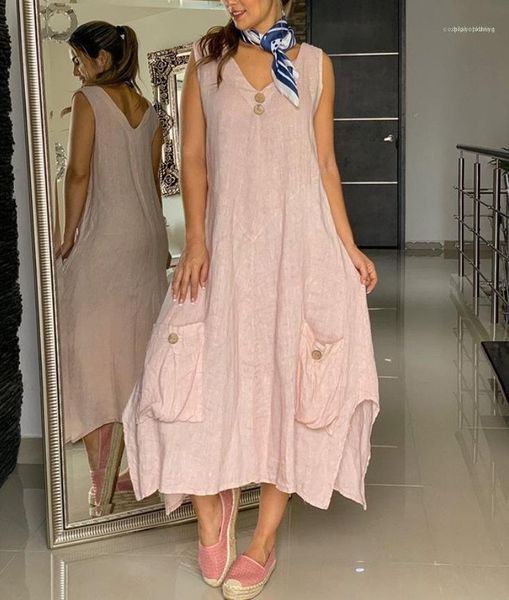 

color button dresses female sundress womens designer irregular dresses linen casual pocket sleeveless maxi v neck solid, Black;gray