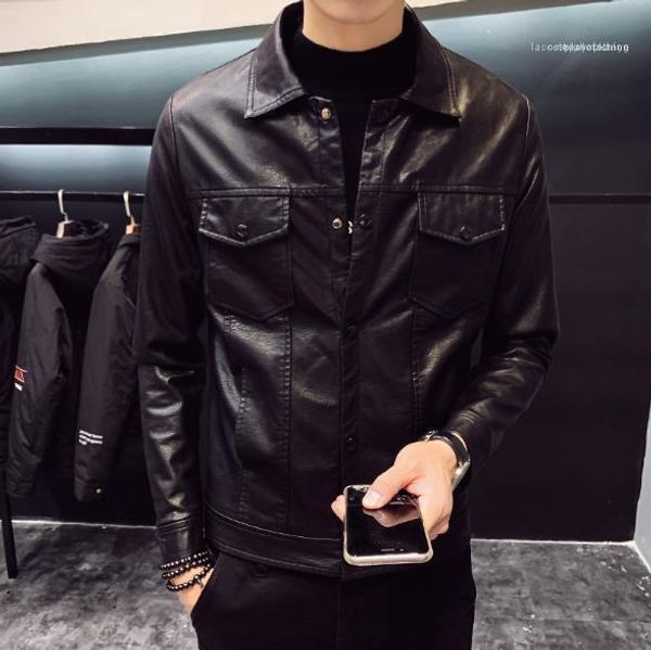 

casual fashiong long sleeved solid color mens outerwear spring autumn pu leather jacket zipper mens mens coats new, Black