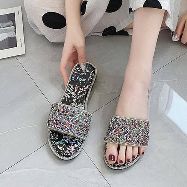 

лето женщины тапочки стразы квартиры слайды open toe блестки бич главная обувь сандалии женская обувь повседневная мода женский 5,20, Black