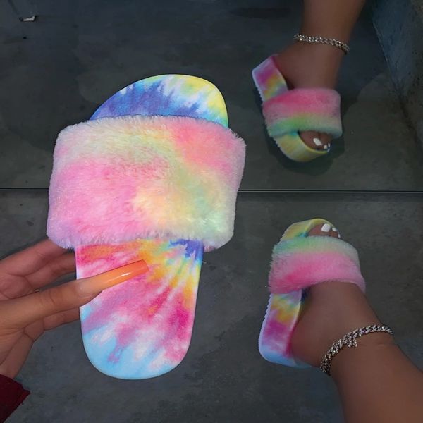 

new summer fashion outdoor walking rainbow tie dye fluffy slippers womens' platform slippers casual soft warm plush shoes, Black