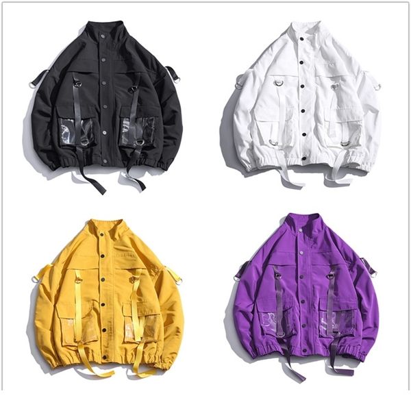 

men streetwear mulit pockets ribbons jacket windbreaker harajuku black purple hip hop jackets hipster cargo outwear coats, Black;brown