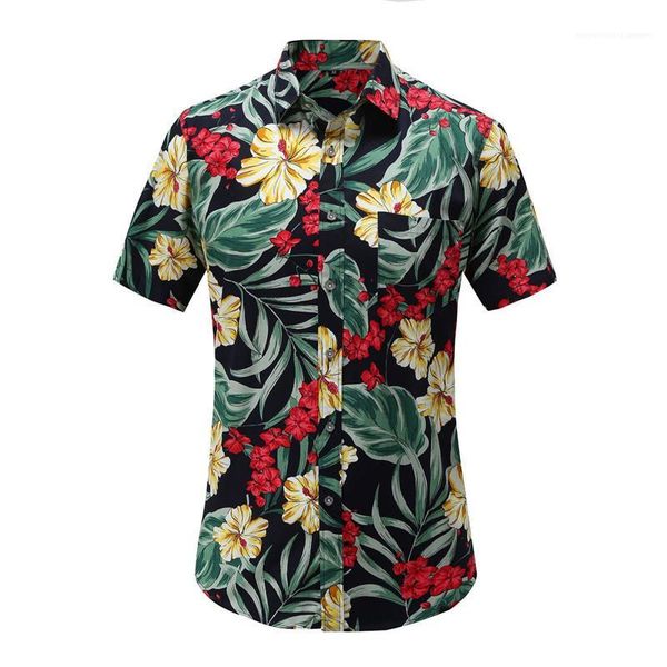 

casual hawaiian style mens clothing summer designer short shirts floral printed turn collar single breasted pocket, White;black