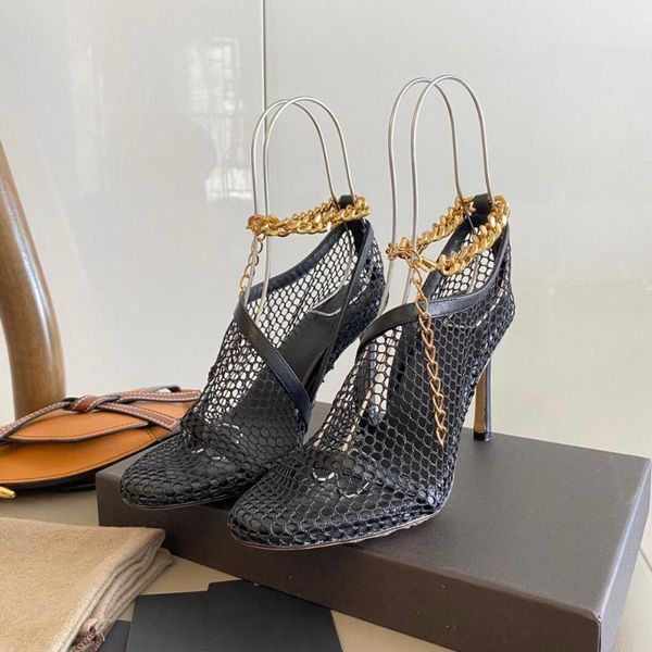 

sandalias mujer thin high heels nude black sandals gold metal chain ankle strap sandals air meah pumps shoes woman