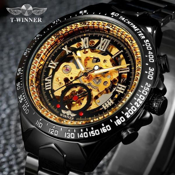 

winner classic series golden movement steel mens skeleton man wrist watch mechanical fashion automatic watches, Slivery;brown