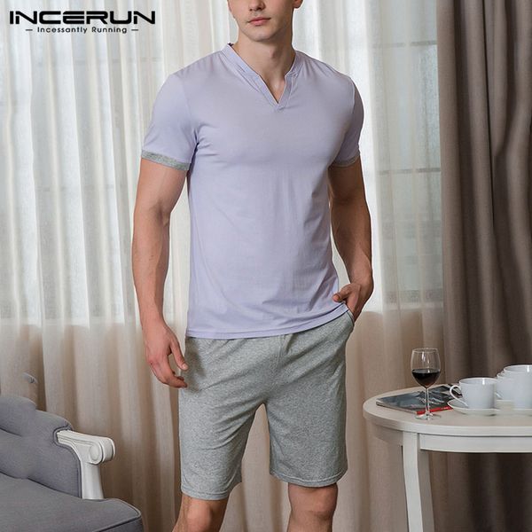 

incerun homewear men pajamas sets short sleeve v neck patchwork casual sleepwear shorts 2 pieces comfortable mens nightwear sets, Black;brown