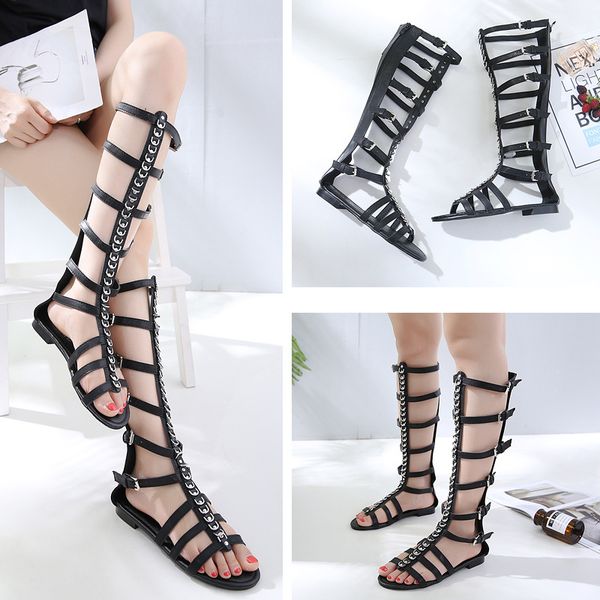 

sandals flat-heeled boots back zipper metal low-heeled sandals, Black