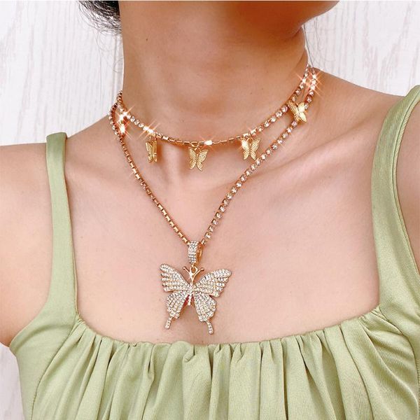 

luxury butterfly chain choker necklace women rhinestones chains butterfly pendant necklace sparking bling hip hop jewelry gift, Silver