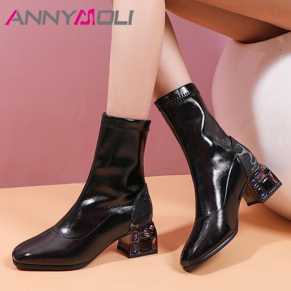 

annymoli woman boots high heel mid calf boots crystal thick heel square toe shoes ladies footwear autumn black size 33-43