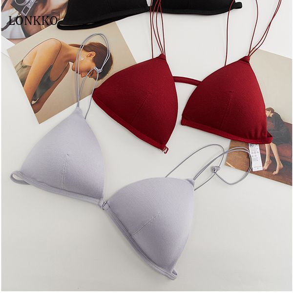 

lonkko thin french style bralette wireless triangle cup women lingerie soft bra seamless underwear deep v girls 70-80 a b c cup, Red;black