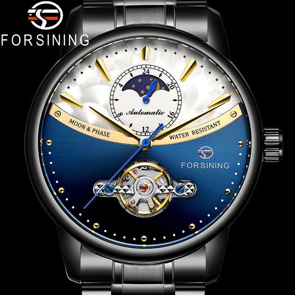 

forsining tourbillon automatic mechanical men wristwatch sport male clock steel casual man watch 8179, Slivery;brown