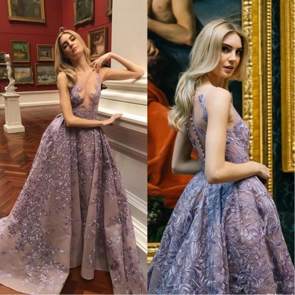 

zuhair murad lavender prom dresses lace applique sheer neck backless court train formal evening party gowns button illusion back, Black;red