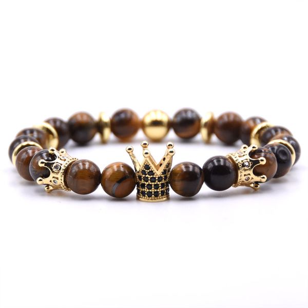 

trendy micro pave black cz king crown charm bracelets natural tiger eye stone bead bracelet men jewelry pulseras