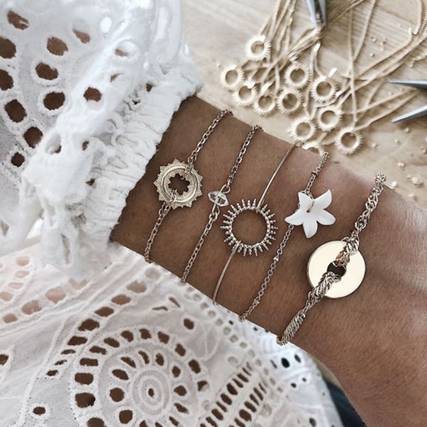 

5pcs boho crystal chains bracelet set multilayer flower sun coin pendant bangle for women girl cuff beach jewelry 8861, Black