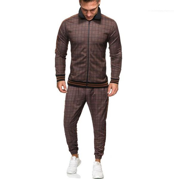

plaid sportswear mens set print spring autumn clothing sporting two pieces suit stand collar sweatshirt +pant men tracksuit, Gray