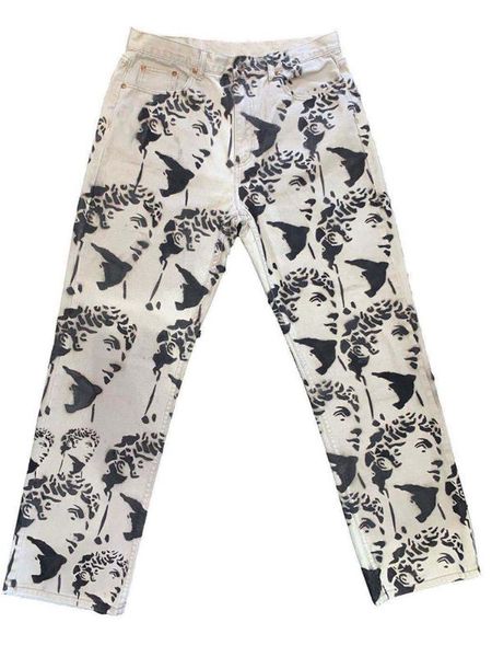 

men's jeans printed statuary loose straight men denim biker casual pants hip hop man jean hombre pantalon artistic work size s-3xl, Blue