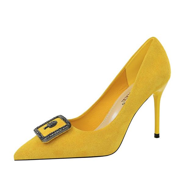 

bigtree brand designer pumps shoes women high heels stiletto faux suede crystal yellow shoes office party shoe plus size 43, Black