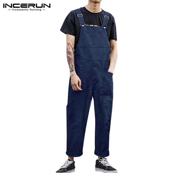 

men's pants incerun autumn fashion men corduroy jumpsuit solid color joggers chic streetwear straps suspenders overalls mens bib s-5xl, Black