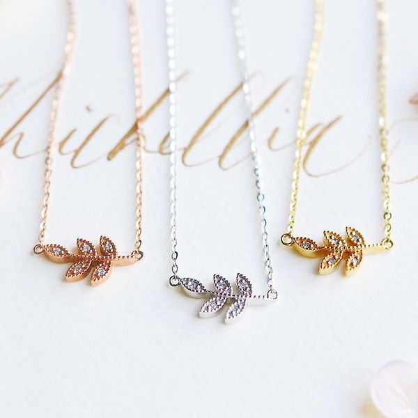 

cxsjeremy solid 14k rose gold natural diamond pendant necklace petite leaf necklace for women anniversary gifts, Silver