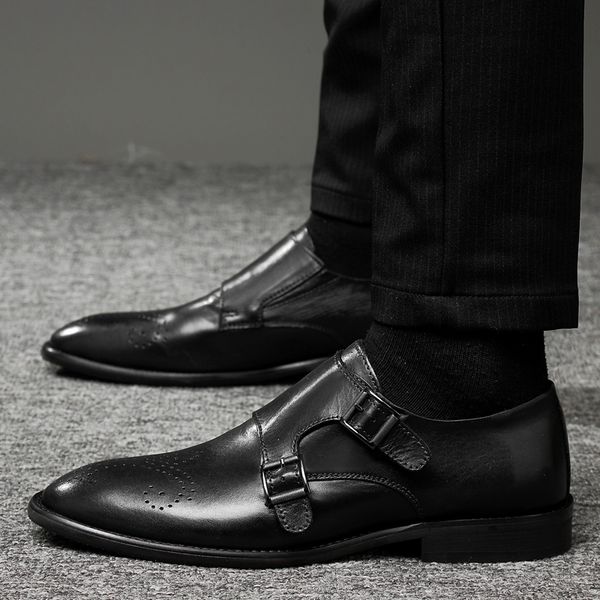 

men oxford shoes genuine leather classic style formal man dress business office wedding party lace up pointed toe men shoes, Black