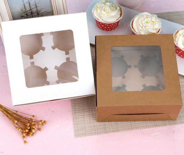 Pencereli Cupcake Kutuları Beyaz Kahverengi Kraft Kağıt Kutusu Hediye Ambalaj Düğün Festivali Parti için 4 Fincan Kek Tutucular DHL Ücretsiz