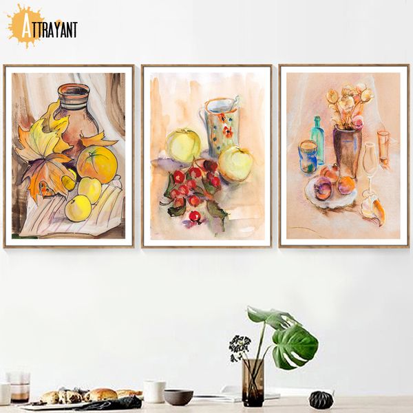 

colorful apple cherry maple leaf vase wall art canvas painting nordic posters and prints wall pictures for living room decor