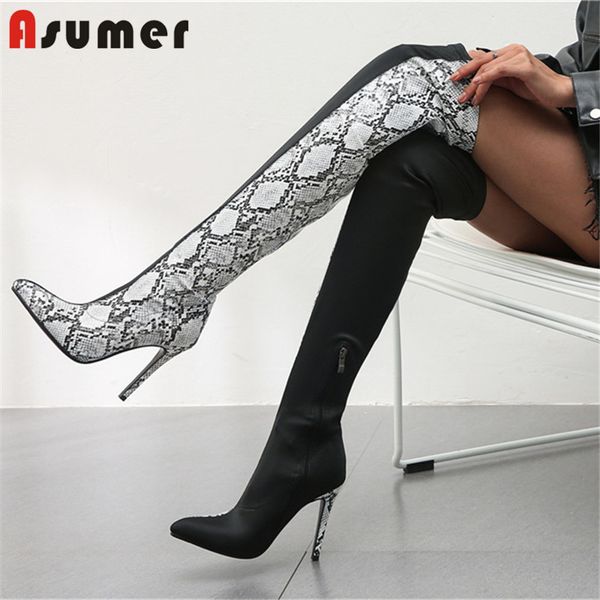 

asumer 2020 new arrival thigh high boots women snake pointed toe elastic force long boots thin high heels party woman, Black