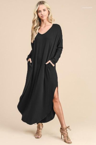 

new long sleeved boho dresses autumn clothing casual 19ss women v-neck solid dress spring, Black;gray