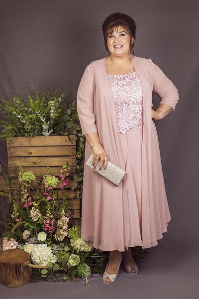 Abiti per la madre della sposa a 2 pezzi alla caviglia con giacca lunga Plus Size Abito da cerimonia nuziale in pizzo chiffon per lo sposo Madre Pa265H