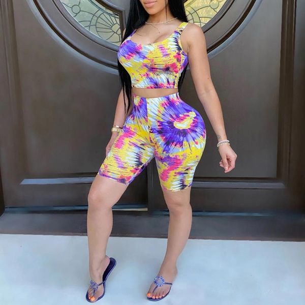 

running sets 2021 summer fashion women tie-dye print sports set sleeveless vest shorts 2 piece outdoor tracksuit #3, Black;blue