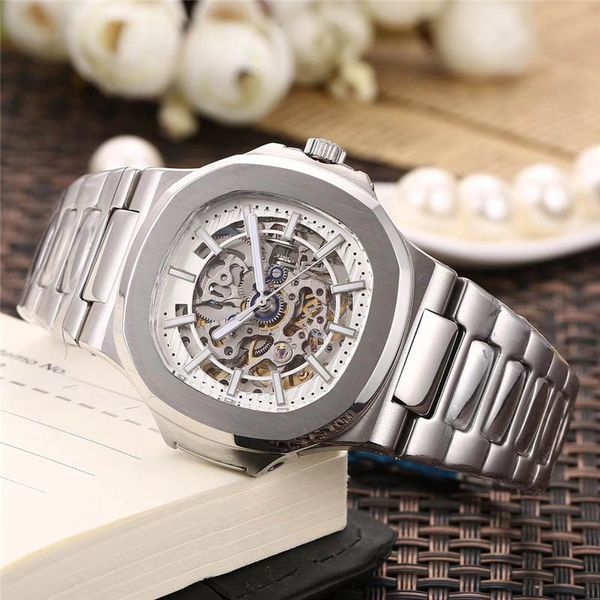 

mens automatic watch hollow skeleton dial stainless steel mechanical movement designer watches 8 color classic style male wristwatch clock, Slivery;brown