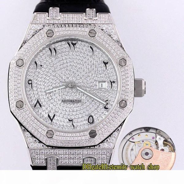 

version royal series 15452 arabic numerals diamonds dial cal.3120 automatic 15500 mens watch diamond iced out case leather band watches, Slivery;brown