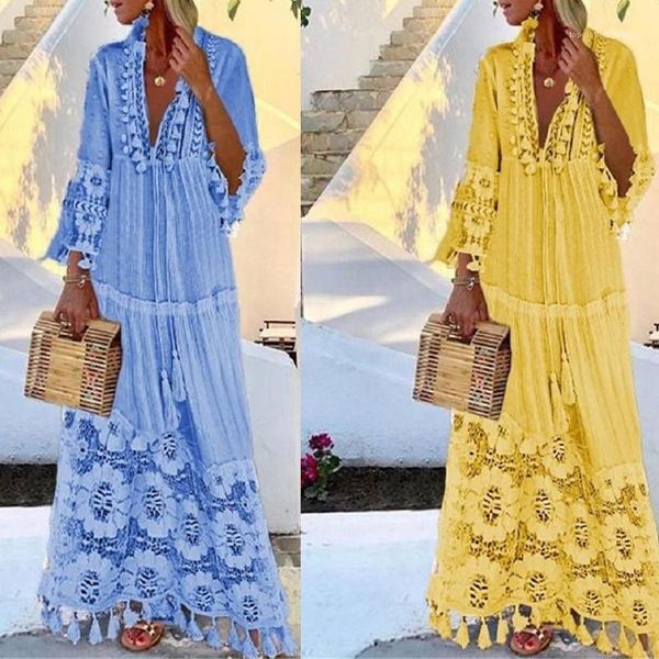 

casual holiday dresses boho lace summer womens dresses v neck long sleeve tassel hollow out solid color womens designer boho dresses, Black;gray