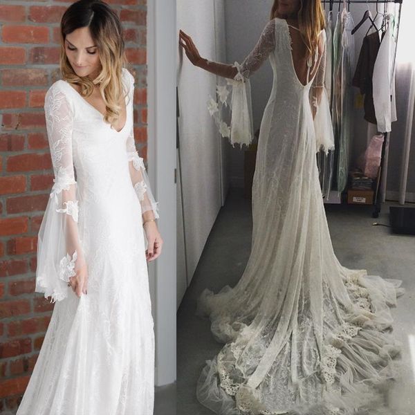 

beach boho wedding dresses bridal gowns open back full lace 2021 long bell sleeves a-line deep v-neck court train country bride dress, White