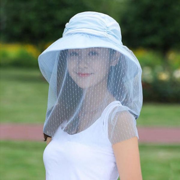 

женщины вс hat элегантный повседневный широкий брим бич портативный anti uv съемные veil cotton смешать летние женские шляпы, Blue;gray