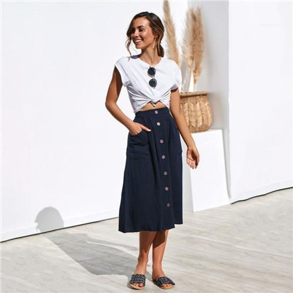 

fashion female loose dresses solid color mid calf casual clothing women summer designer procket skirts button, Black