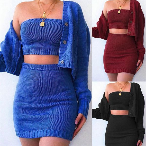 

new solid knitted 3 pieces set women single breasted cardigan short sleeve pullover bodycon skirt suit women sets 2020, Gray