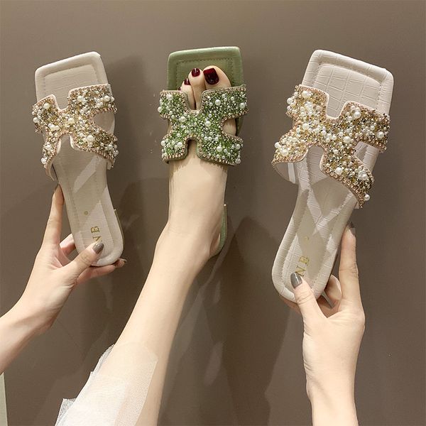 

glitter slippers women summer sandals 2020 fashion bling female candy color flip flops beach diamond flat shoes outdoor sandals, Black