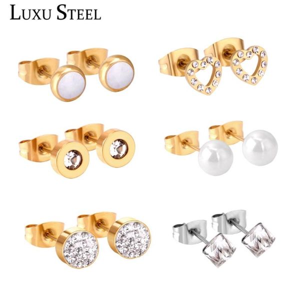 

stud luxusteel stainless steel push back 6pairs/box earring set cubic zirconia anti-allergy, Golden;silver