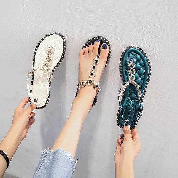 

bohemia multicolor crystal clip toe sandals women square buckle round toe flats slippers rhinestone metal studs sandalias femme, Black