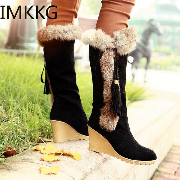 

women fur boots ladies winter shoes woman mid knee tassel boots keep warm snow, Black