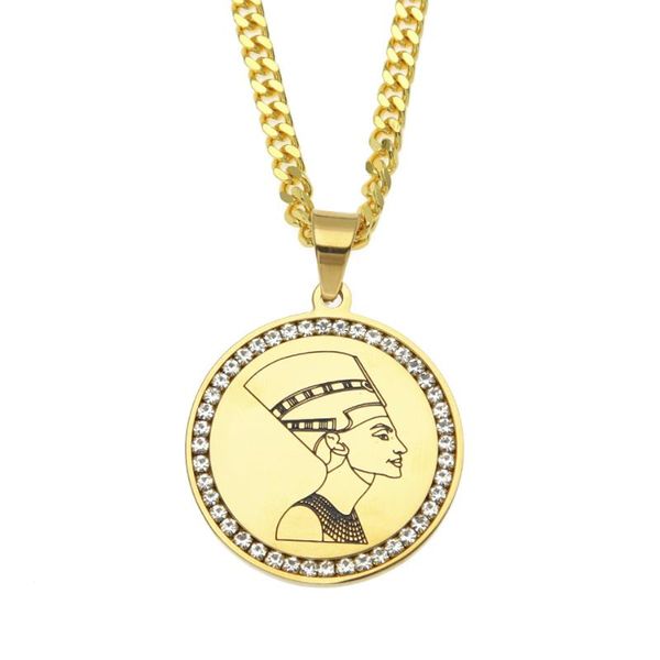

ancient egyptian queen pendant necklace stainless steel zircon gold egypt nefertiti head portrait jewelry for women men gif, Silver
