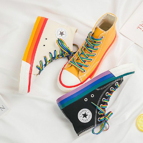 

rainbow bottom casual shoes woman high sneakers spring and summer female white canvas sneakers comfortable fashion simple trend, Black