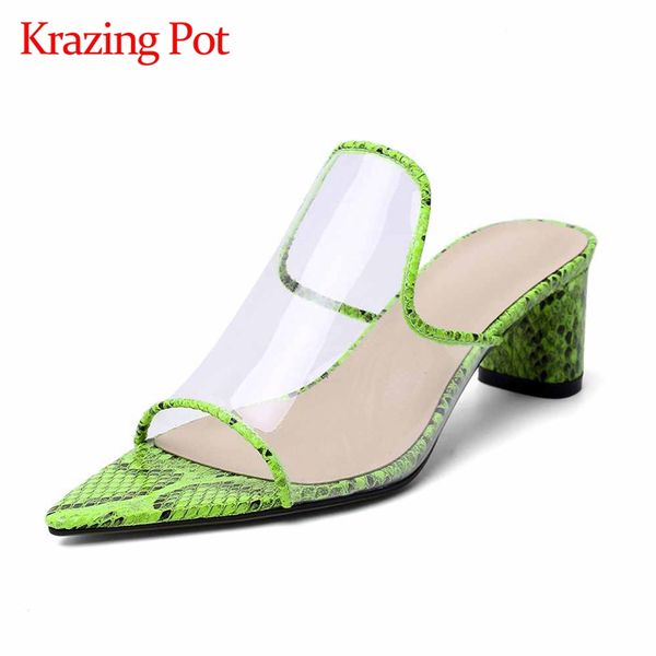 

krazing pot new jelly shoes mixed cloth pointed peep toe high square heel summer shoes slip on mules big size sandals women l66, Black