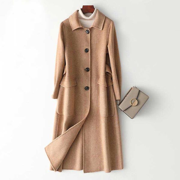 

2020 women cashmere long coat elegant camel woolen coat single button design winter warm with pocket casaco feminino, Black