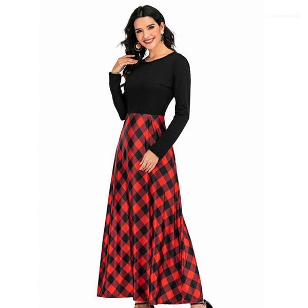 

panelled plaid print ladies sweet long sleeves crew neck dresses high fashion womens casual dress designer, Black;gray