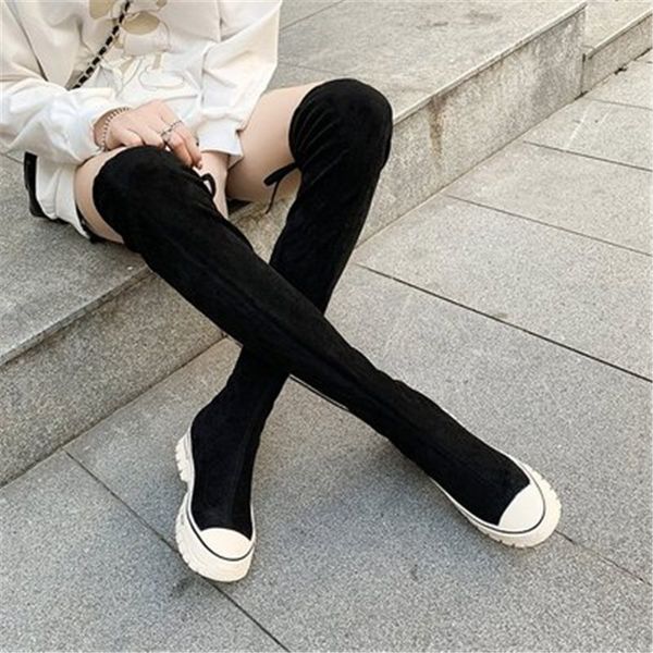 

2020 spring autumn women slim fit elastic flock over the knee boots women fashion shoes ladies flats long thigh high botas, Black