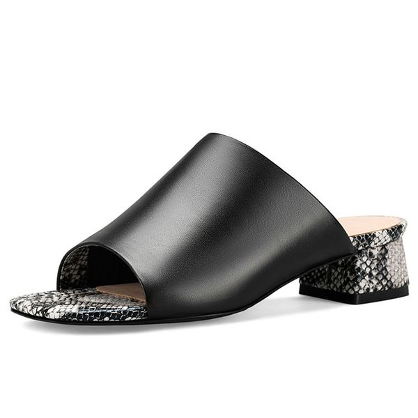 

summer fashion genuine leather women's shoes round toe thick heels fish mouth sandal elegant mules slippers female shoes, Black